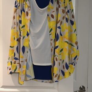 Floral Yellow and Blue Women's Jacket with royal blue pants and under shirt
